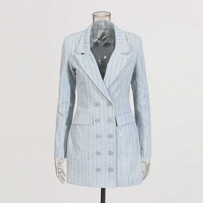 Women's V Neck Sequined Blazer Double Breasted Button Jacket In Light Blue