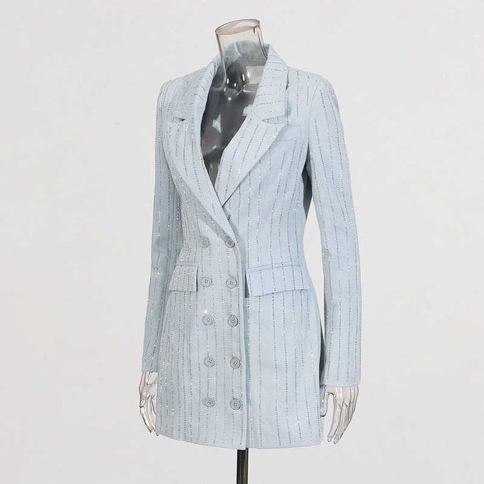 Women's V Neck Sequined Blazer Double Breasted Button Jacket In Light Blue