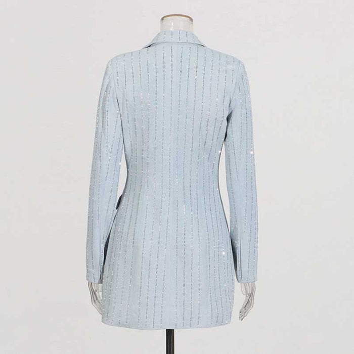 Women's V Neck Sequined Blazer Double Breasted Button Jacket In Light Blue