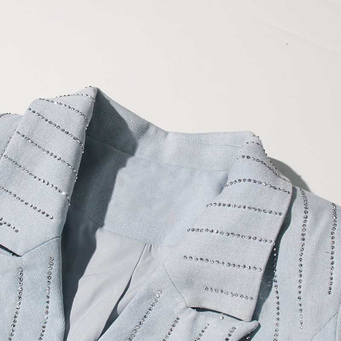 Women's V Neck Sequined Blazer Double Breasted Button Jacket In Light Blue