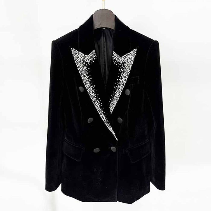Women's Velvet Jacket with Beasted Collar Black Double Breasted Blazer