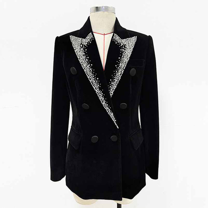 Women's Velvet Jacket with Beasted Collar Black Double Breasted Blazer