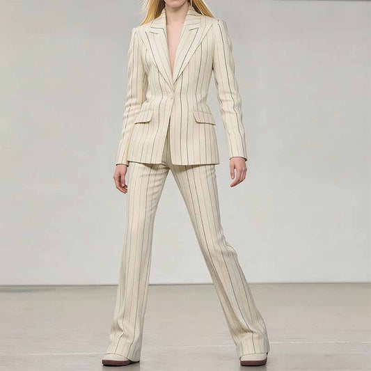 Women's Vertical Stripe Brushed Wool Suit Set – Blazer & Trousers 2-Piece Outfit