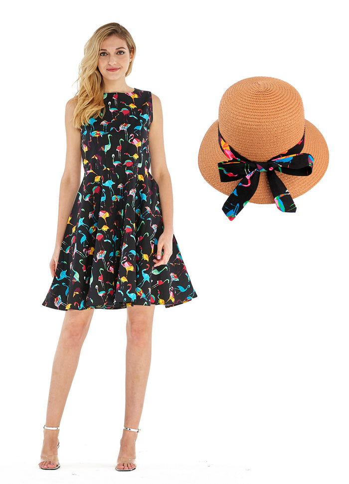 Women's Vintage Fit and Flare Dress and Matching Band  Flamingo Party