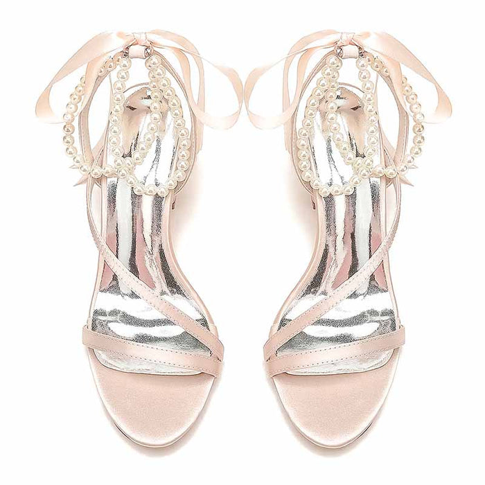 Women's Wedding Shoes Satin Block Heel Open Toe Wedding Sandals Bridal Shoes