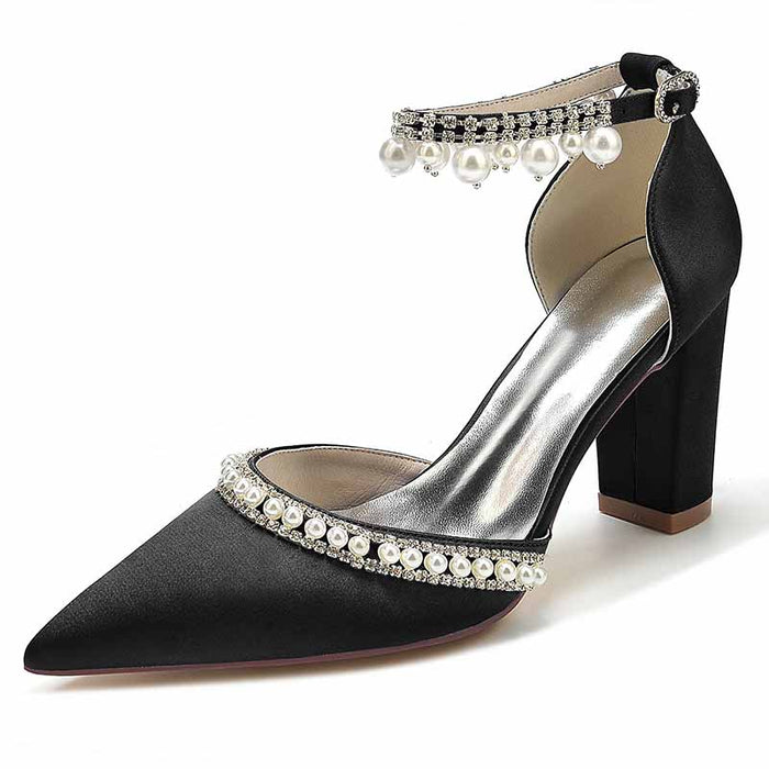 Elegant black women's white block heel wedding shoes with pearl embellishments and ankle strap