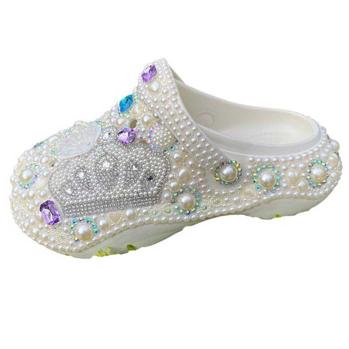 Womens White Closed Toe Clog Shoes Rhinestone Parls Slip on Mules