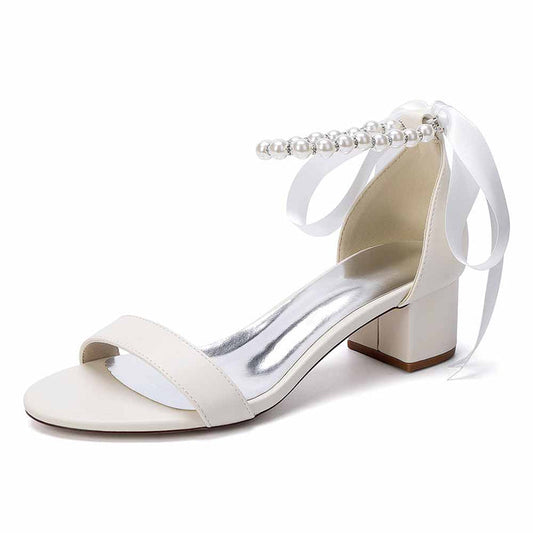 Women's White Pearl Ankle Tie Block Heel Sandals Bridal Wedding Shoes