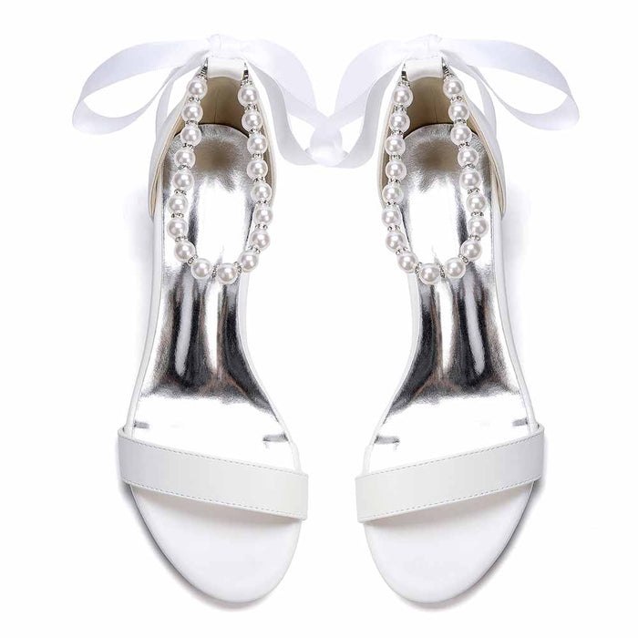 Women's White Pearl Ankle Tie Block Heel Sandals Bridal Wedding Shoes