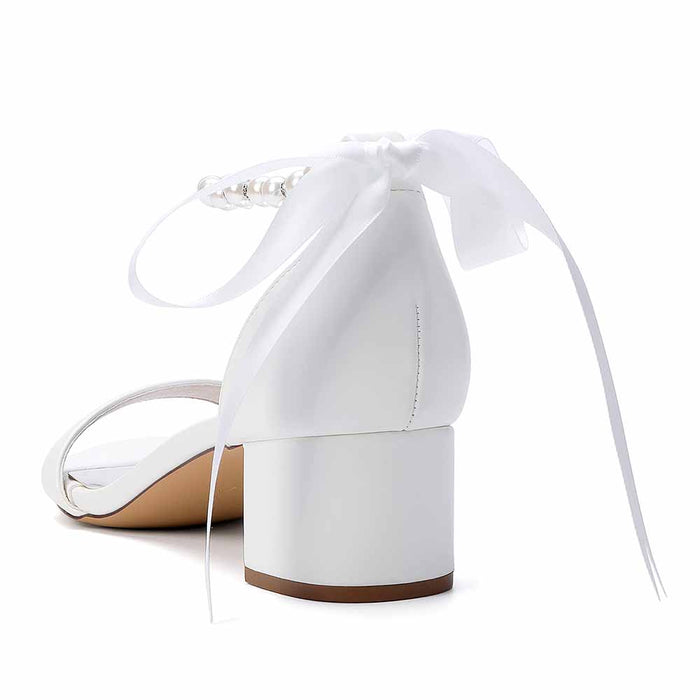 Women's White Pearl Ankle Tie Block Heel Sandals Bridal Wedding Shoes