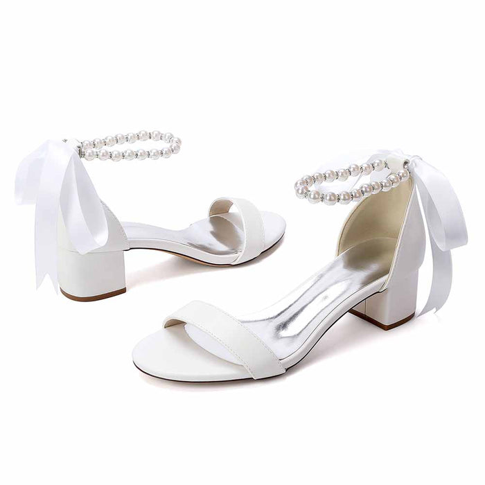 Women's White Pearl Ankle Tie Block Heel Sandals Bridal Wedding Shoes