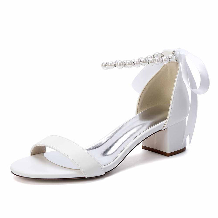 Women's White Pearl Ankle Tie Block Heel Sandals Bridal Wedding Shoes