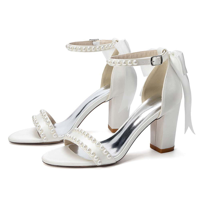 Women's White Pearl Embellished Peep Toe Chunky Heel Sandals