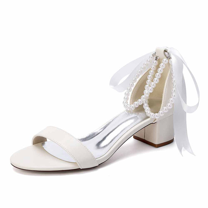 Women's White Pearl Sandals with Satin Ribbon, Chunky Heel Wedding & Summer Dress Shoes
