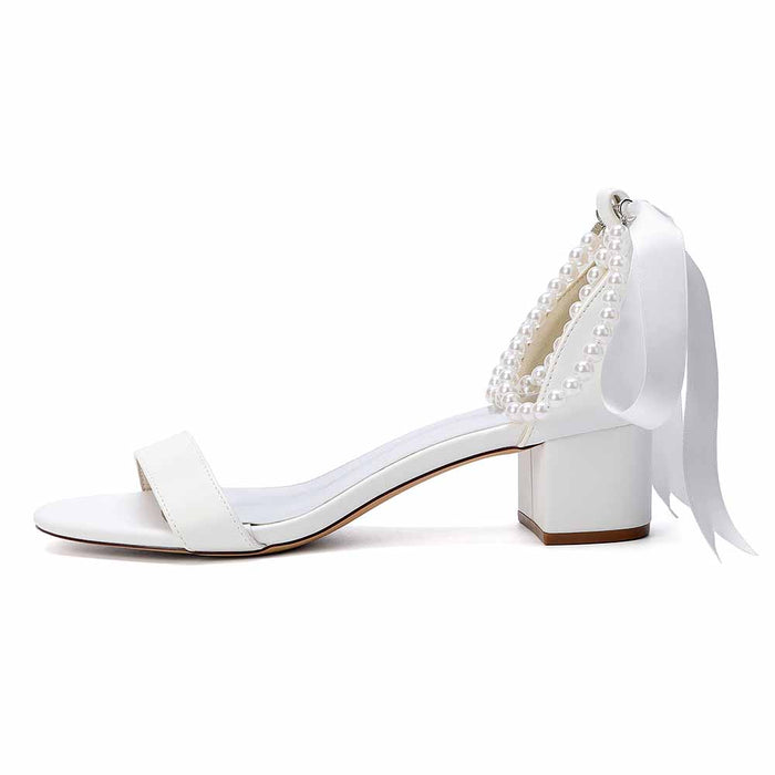 Women's White Pearl Sandals with Satin Ribbon, Chunky Heel Wedding & Summer Dress Shoes