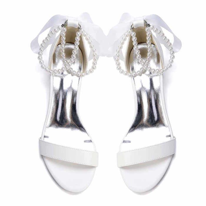 Women's White Pearl Sandals with Satin Ribbon, Chunky Heel Wedding & Summer Dress Shoes