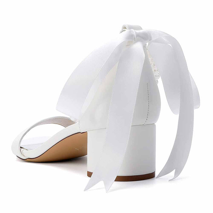 Women's White Pearl Sandals with Satin Ribbon, Chunky Heel Wedding & Summer Dress Shoes
