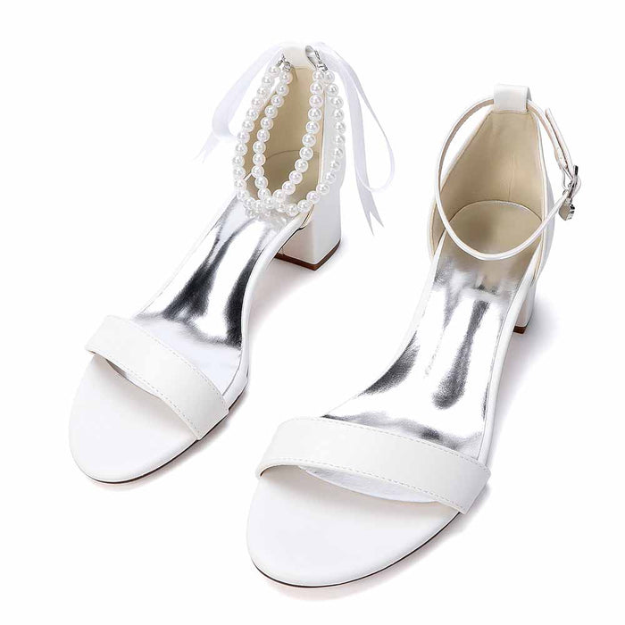 Women's White Pearl Sandals with Satin Ribbon, Chunky Heel Wedding & Summer Dress Shoes