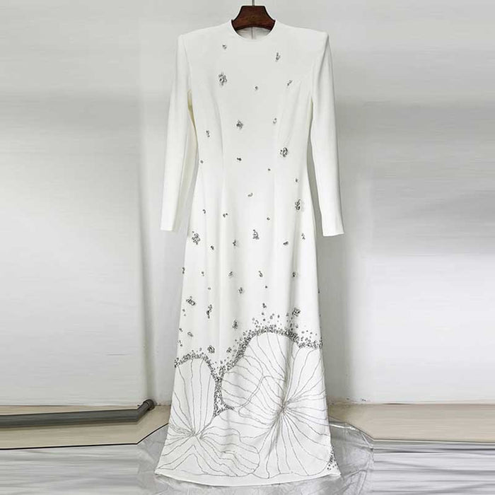 Womens White Sequin-Beaded Long Formal Dress Wedding Ball Gown
