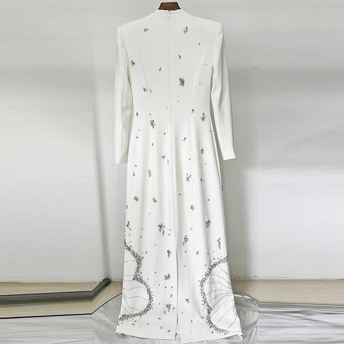 Womens White Sequin-Beaded Long Formal Dress Wedding Ball Gown