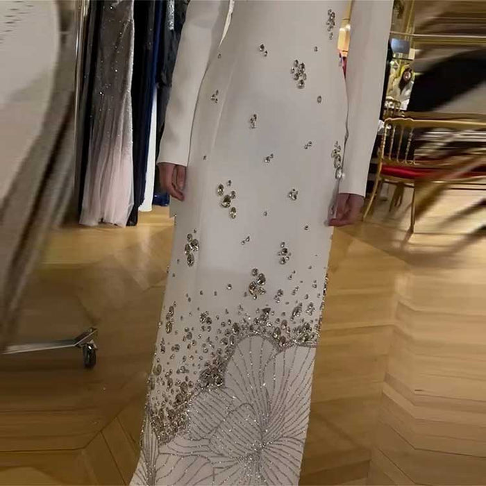 Womens White Sequin-Beaded Long Formal Dress Wedding Ball Gown