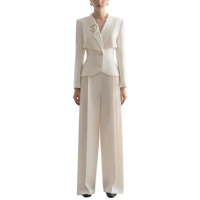 Women's Wide-Leg Formal Suit Blazer Trousers Set Event Pantsuit