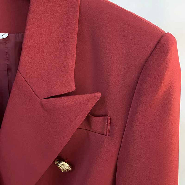 Womens Wine Red Jacket Coat Metal Lion Button Double Breasted Slim Blazer