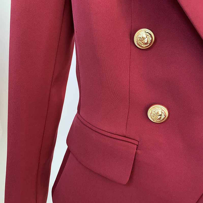 Womens Wine Red Jacket Coat Metal Lion Button Double Breasted Slim Blazer