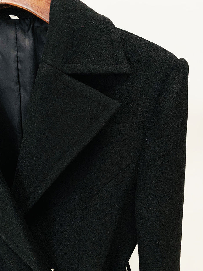 Women's Winter Autumn Golden BUCKLE Belt Black Long Coat, Wedding, Formal Events
