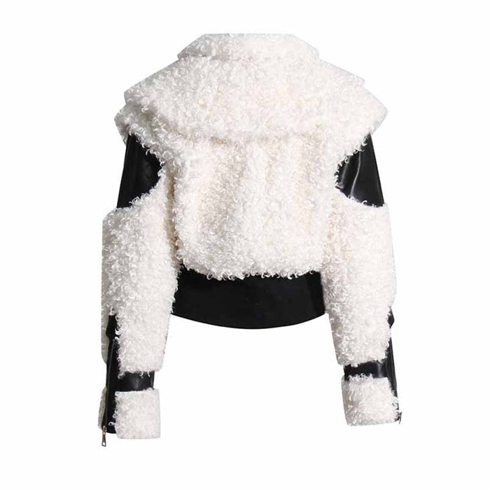 Women's Winter Coat Spliced PU Leather and Lambwoolen Outwaer Coat