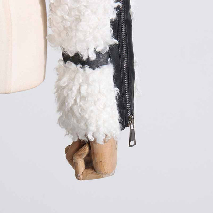 Women's Winter Coat Spliced PU Leather and Lambwoolen Outwaer Coat
