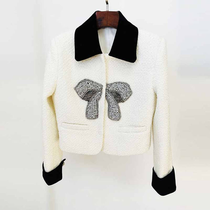 Women's winter coat woolen jacket With Bow knot studded bead short coat