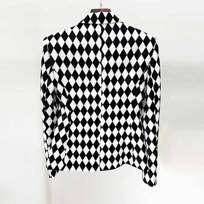 Womne's Black White Jacket Checkered Double Breasted Blazer