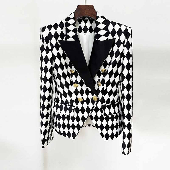 Womne's Black White Jacket Checkered Double Breasted Blazer