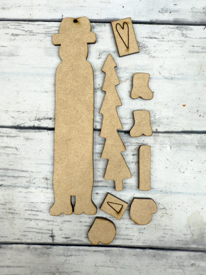 Wonky Skinny Primitive Snowman holding tree Ornament DIY Kit