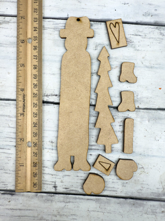 Wonky Skinny Primitive Snowman holding tree Ornament DIY Kit