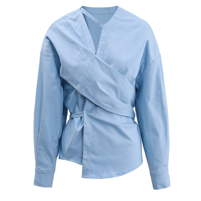 wrap tie-waist blouse with asymmetric neckline – AZURE