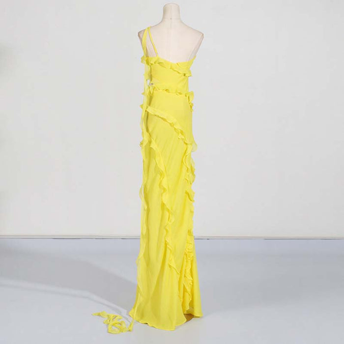 Yellow One Shoulder Asymmetrical Ruffle High Split Maxi Dress