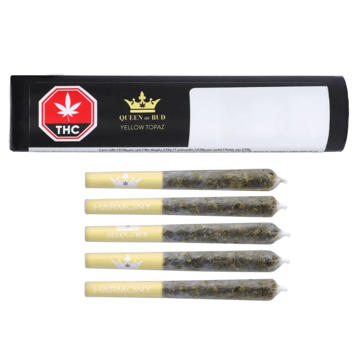 Top-down view of the "Yellow Topaz Live Rosin Mango Honey Infused PR 5 x 0.5 g" pack with five gold‑tipped pre-rolls aligned beneath a black and white branded box.
