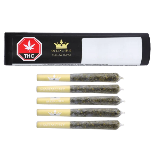 Top-down view of the "Yellow Topaz Live Rosin Mango Honey Infused PR 5 x 0.5 g" pack with five gold‑tipped pre-rolls aligned beneath a black and white branded box.