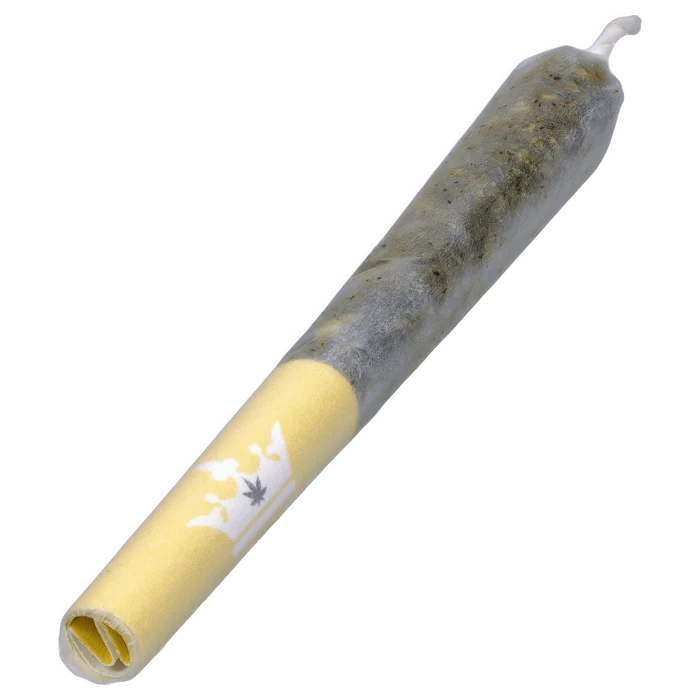 Angled close-up of a yellow-tipped joint showing the rolled paper and herb inside, labeled Yellow Topaz Live Rosin Mango Honey Infused PR 5 x 0.5 g