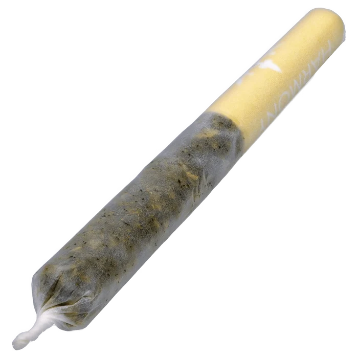 Diagonal close-up of a rolled joint with a yellow crutch labeled Yellow Topaz Live Rosin Mango Honey Infused PR 5 x 0.5 g