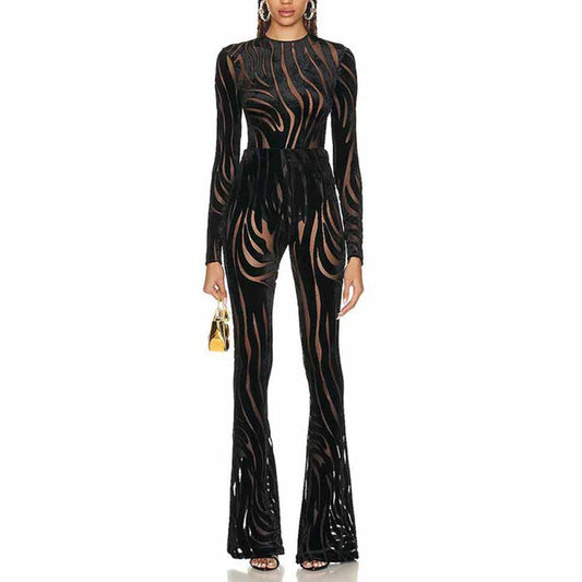 Zebra Velvet Black Bodysuit with flared trousers in black