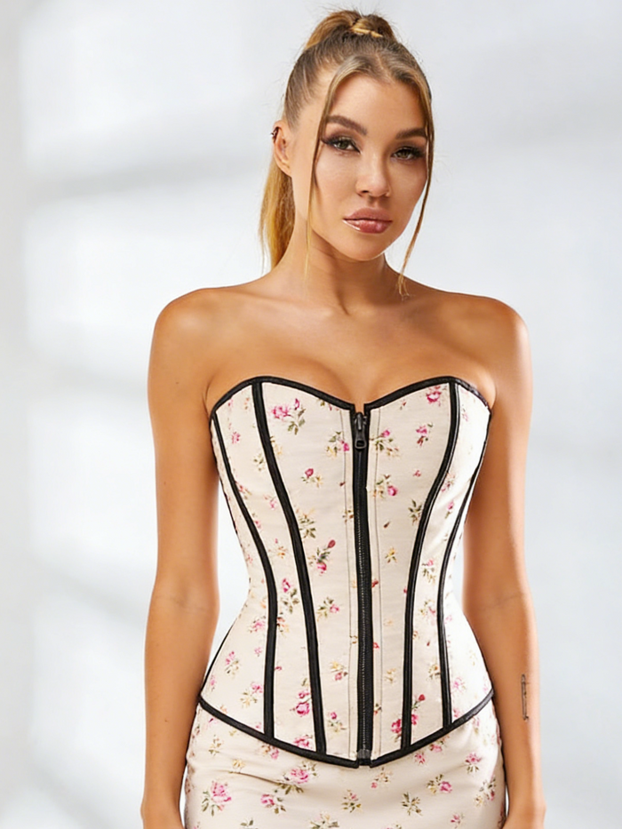 Zipper Flower Print Lace-up Shapewear