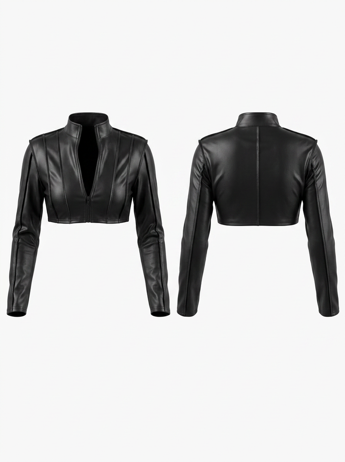 Zipper PU Stand Up Collar Jackets